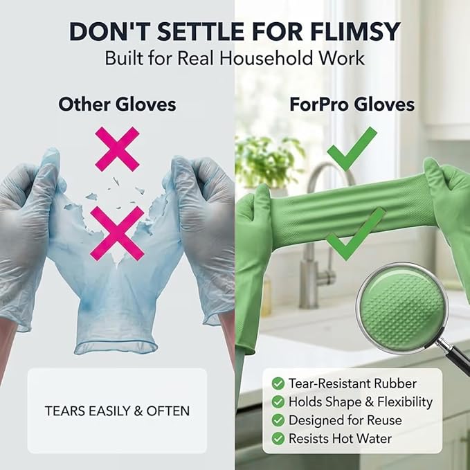 ForPro Natural Rubber Gloves, 6 Pairs Reusable Multi-Purpose Household Cleaning Gloves with Soft Inner Lining, Waterproof & Chemical-Resistant, Lime Zest, X-Large