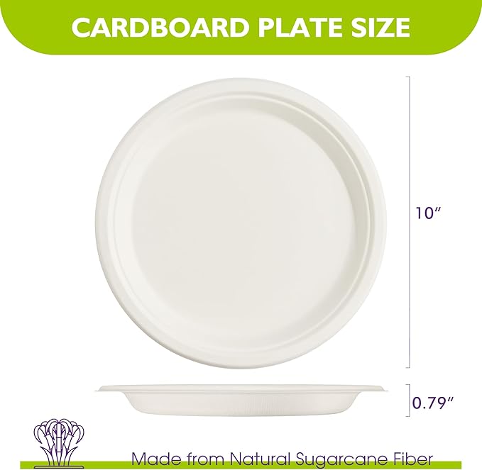 Compostable Paper Plates 10 Inch 500 Pack, Biodegradable Disposable Plates Heavy Duty White Plates, Made of Natural Sugarcane Bagasse, Unbleached Round Dinner Plates