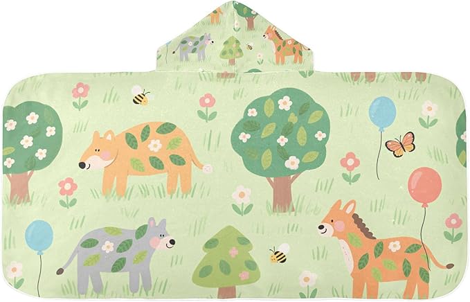Kids Beach Towels Cartoon Zoo Green Hooded Towels for Kids Quick Dry Bath Towel with Hood