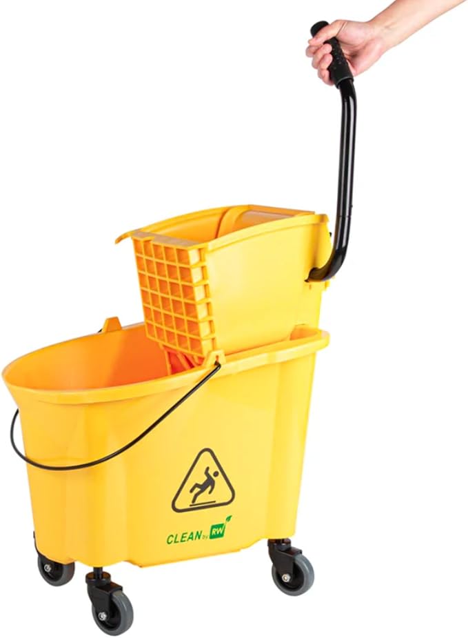Restaurantware RW Clean 38 Quart Industrial Mop Bucket 1 Combo Mop Wringer Bucket - With Side Press Wringer Built-In Casters Yellow Plastic Commercial Mop Bucket Carry Handle For Commercial Use