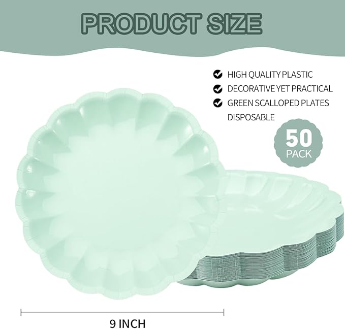 BHHQHH 50Pcs Disposable Scalloped Paper Plates 9 Inch Shell Edge Dinner Paper Plates for Wedding Baby Shower Birthday Party Bridal Party Supplies(Green)