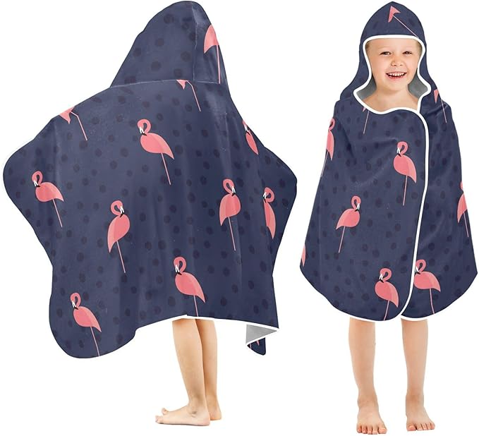 susiyo Kids Hooded Bath Towel Pink Flamingo Black Dots Beach Towel for Kids 23.5 x 50 Inch Microfiber Soft Absorbent Quick Dry Bath Swim Pool Towel Wrap Poncho Bathrobe with Hood for Kids Toddler