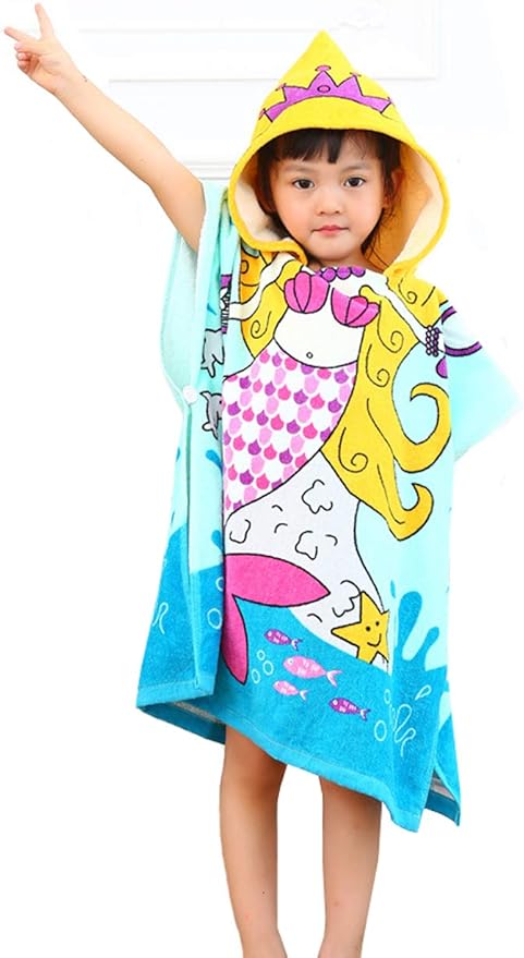 TONWHAR Soft Cotton Hooded Beach Towel Poncho for Kids Bath Pool Beach Swim Boys Girls Cartoon Cover-up Cape (Mermaid)