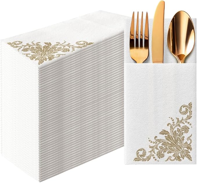 PAW - Linen Feel Napkins with Built-in Flatware Pocket, Soft and Absorbent Paper Pre-Folded Napkins with Golden Ornament, Elegant Guest Towels, Wedding Party, Dinner, Birthday, Gatherings, 50 Count