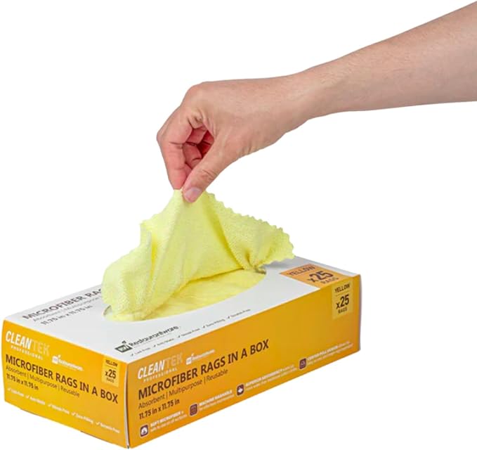 Restaurantware-Clean Tek Professional 11.81 x 11.81 Inch Microfiber Rags In a Box, 25 Absorbent Cleaning Cloths - No-Scratch, Yellow Microfiber Reusable Edgeless Cleaning Towels, Leaves No Streak