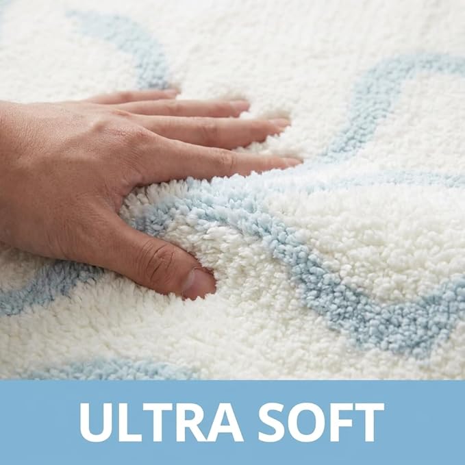 Blue Scalloped U-Shaped Toilet Mat 20x24, Cute Luxury Plush Bath Rug, Soft Absorbent Non-Slip Microfiber Floor Mat for Bathroom Decor and Toilet Base, Machine Washable