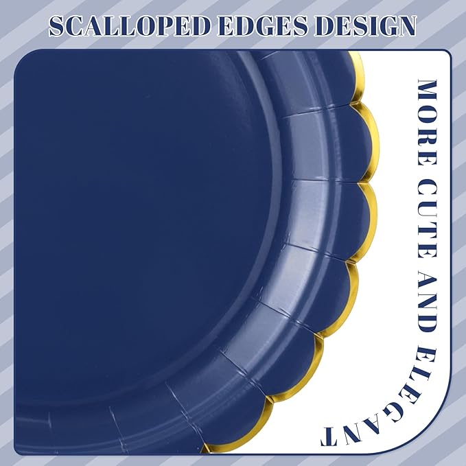 NatNarr 30 Pcs Navy Blue Paper Plates 9 Inch Scalloped Blue and Gold Party Plates Cute Dessert Cake Plate for Men Birthday, Fathers Day, Graduation