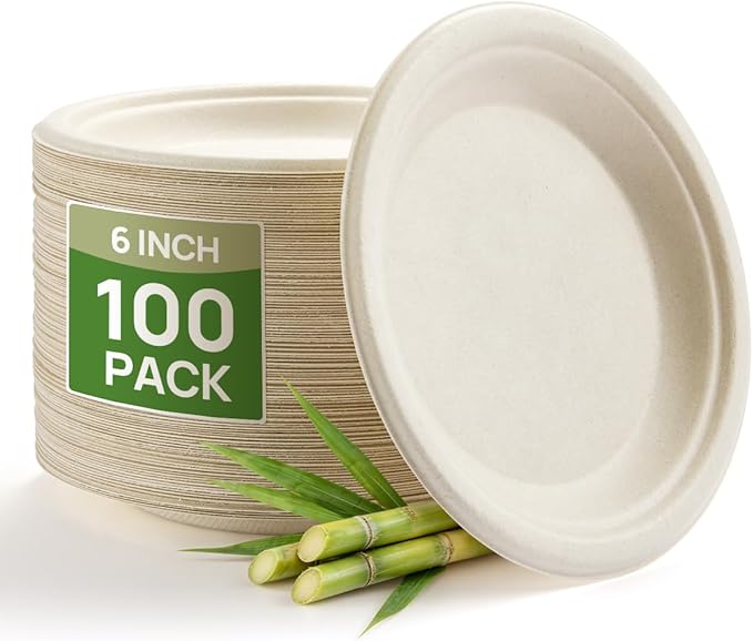 Goodluck 6 Inch Natural Compostable Plates 100 Pack, 100% FSC Certified Unbleached Bagasse Paper Plates, Heavy Duty Eco Friendly Disposable Plates for Party, Wedding, BBQ, Catering & Everyday Use