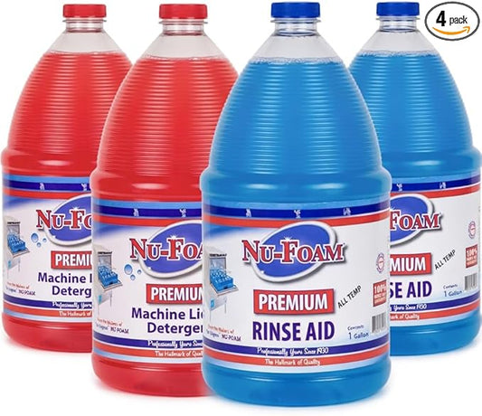 Nu-Foam Premium Commercial Dishwasher Detergent and Rinse Aid Set, 2 Gallon Each (4, Gallon)