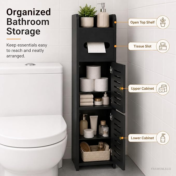 Toilet Paper Holder Stand, Small Bathroom Storage Cabinet with Doors and Toilet Paper Storage, Slim Floor Standing Shelf for Small Spaces,Toilet Storage Cabinet for Bathroom,Black