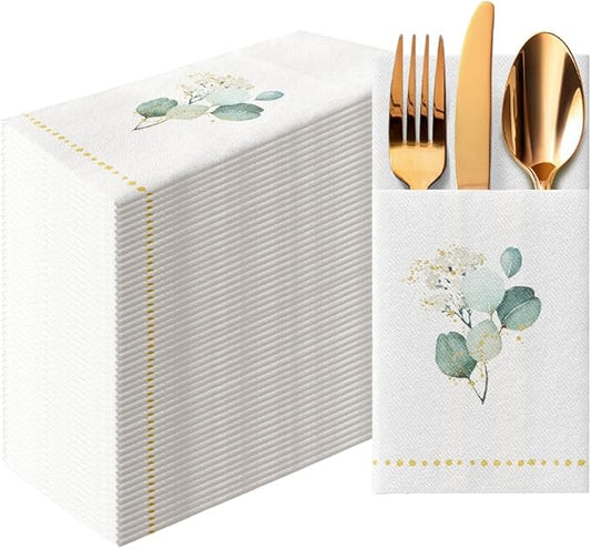 PAW - Linen Feel Napkins with Built-in Flatware Pocket, Airlaid Paper Pre-Folded Napkins for Silverware, Wedding Party, Dinner, Birthday, Gatherings, Golden Eucalyptus Design, 50 Count
