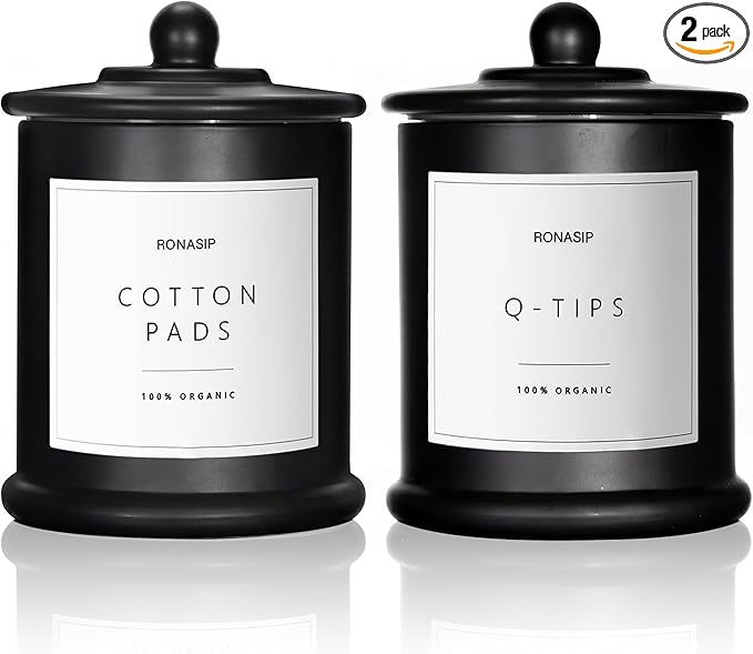 Ronasip Qtip Holder & Cotton Pad Dispenser, Bathroom Organizer and Storage Canisters, 16oz Glass Apothecary Jars for Kitchen, Restroom - Home Decor Accessories, Room Decor Aesthetic (2 Pack, Black)