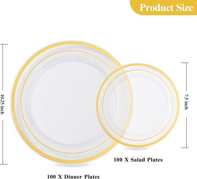 Goodluck 200PCS Clear Gold Plastic Plates, Heavy Duty Disposable Clear Plates with 100 10.25 inch Dinner Plates and 100 7.5 inch Dessert Plates for Party, Holiday, Wedding