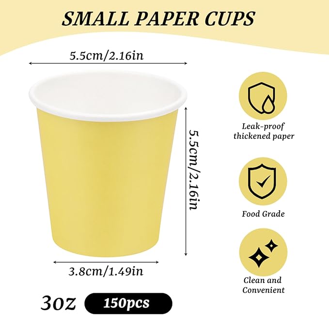 150 Pack 3oz Yellow Paper Cups,Mouthwash Cups, Disposable Bathroom Cups,Small Paper Cups 3oz Ideal for Bathroom,Supermarket,Birthday Party,Picnic and BBQ
