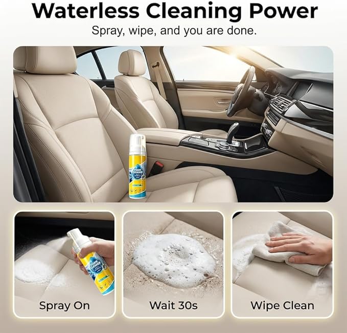 4-in-1 Foam Cleaner Multi Purpose, Rinse-Free Foaming Spray for Car Interior, Kitchen, Bathroom & Upholstery, Portable 5oz Multi-Enzyme Cleaning Kit with Sponge & Towel, 150ml (1 PCS)