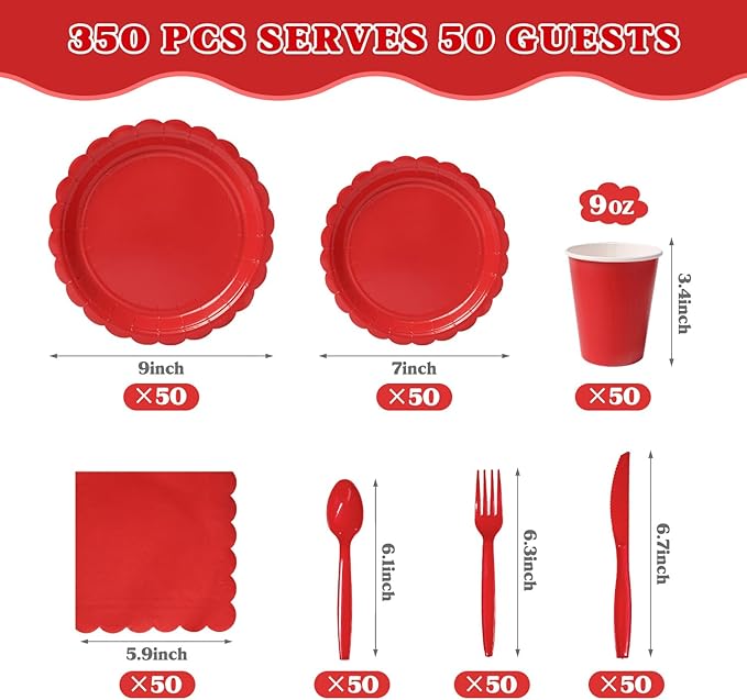 Vyntra 350 Pcs Red Disposable Paper Plates and Napkins Set for 50, 9" Dinner Plates & 7" Dessert Plates, Tableware for Christmas, Valentine’s Day, Birthday, Party
