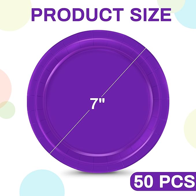 QZYL Paper Plates 7 Inches 50 Count, Disposable Plates Heavy Duty, Purple Party Dessert Plates, Disposable Paper Dinnerware, Small Paper Plates for Birthday Halloween Graduation Bridal Party Supplies