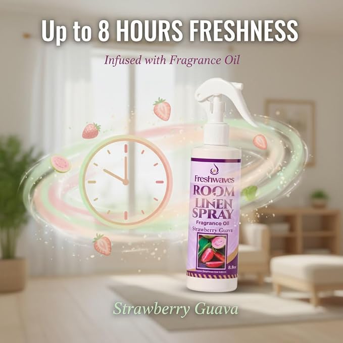 Freshwaves Room & Linen Spray | Strawberry Guava Fragrance Oil | 8oz Air Freshener | Odor Eliminator for Living Room, Bedroom, Bathroom & Office