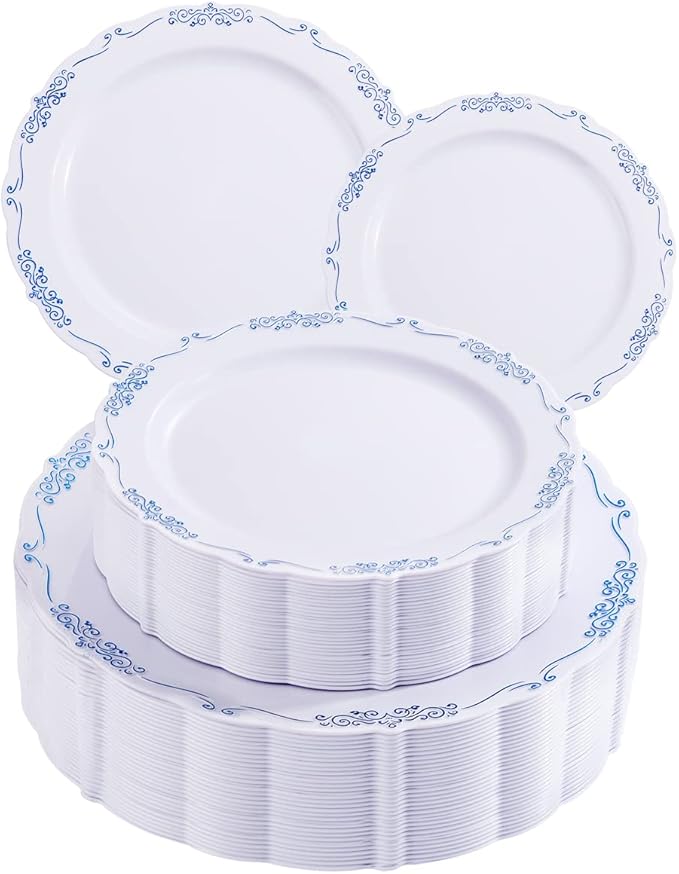 DaYammi 60PCS Blue and White Plastic Plates Blue Rim White Disposable Plates Blue White Party plates Include:30 Plastic Dinner Plate 30 Dessert plate and Wedding & Party Dining
