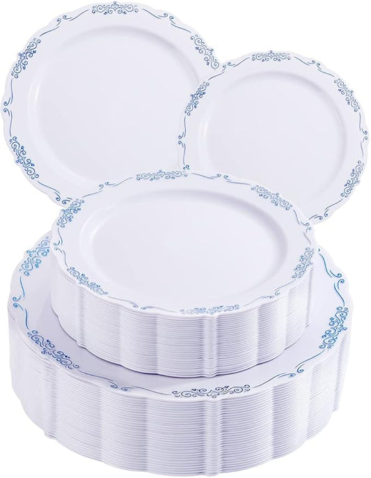 DaYammi 60PCS Blue and White Plastic Plates Blue Rim White Disposable Plates Blue White Party plates Include:30 Plastic Dinner Plate 30 Dessert plate and Wedding & Party Dining