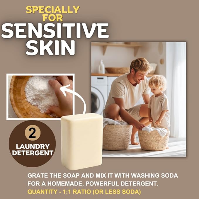 Unscented Laundry Soap Bar - Natural Ingredients with Organic Coconut Oil for Sensitive Skin - 2Pcs