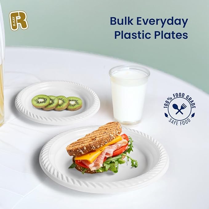 R-kay 100 Pack 9 Inch Plastic Plates Disposable - Heavy Duty 9 Inch White Disposable Plates - Microwavable Disposable Plastic Plates