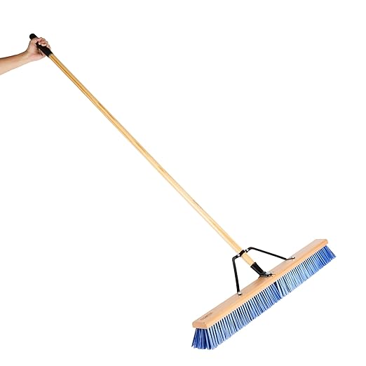 Restaurantware-Clean Tek Professional 36 Inch Push Broom, 1 Heavy-Duty Broom with 60” Handle - Medium Plastic Bristles, Durable, Wooden, Commercial Use, for Deck, Driveway, Garage, Yard, Patio