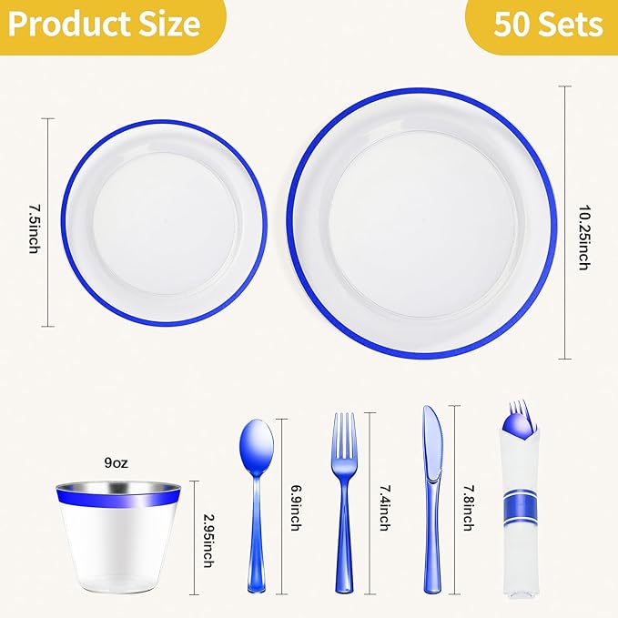 Goodluck 350 Piece Dark Blue Plastic Dinnerware Set for Party, Clear Disposable Plates for 50 Guests, Includes 100Plates, 50 Pre Rolled Napkins with Cutlery Set, 50 Cups, for Graduation, Birthday