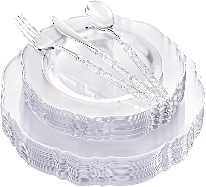 Liacere 150PCS Clear Silver Plastic Plates & Disposable Silver Plastic Silverware with Glitter Bamboo Handle Cutlery-Baroque Clear Disposable Plates for Wedding & Easter day & Mother's Day