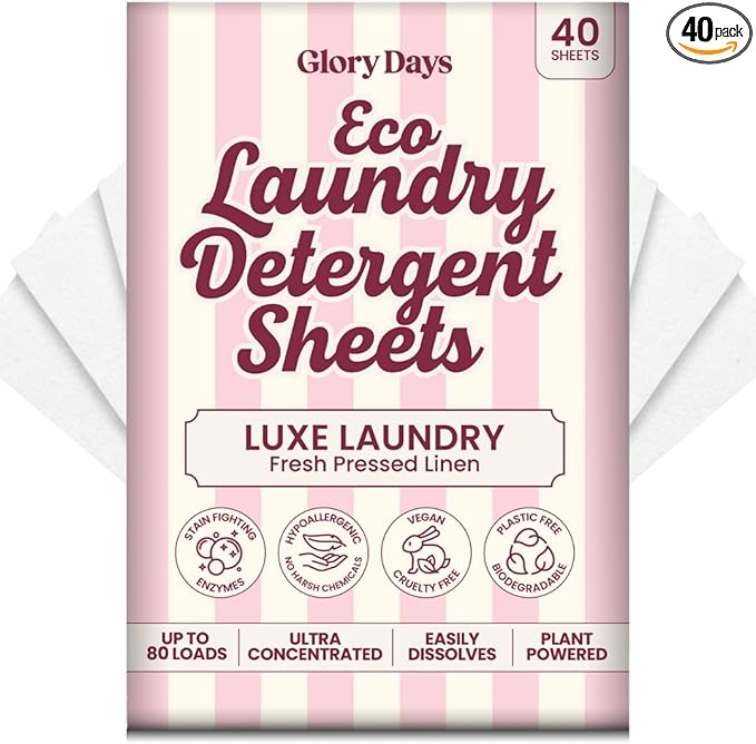 Glory Days Eco Laundry Detergent Sheets Fresh Linen Scent – Enzyme-Powered, Plastic-Free, Gentle on Skin – 40 Sheets 80 Loads HE Compatible