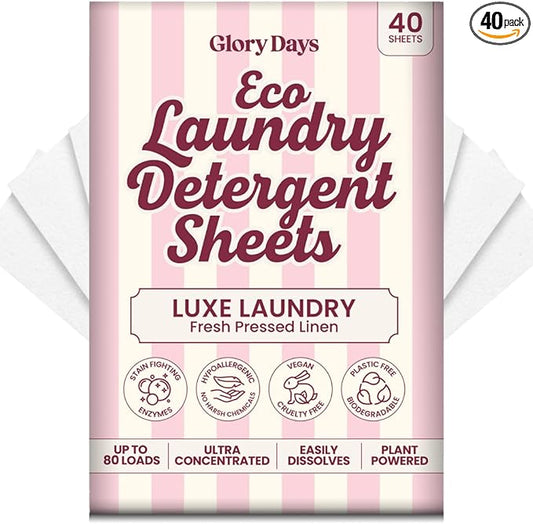 Glory Days Eco Laundry Detergent Sheets Fresh Linen Scent – Enzyme-Powered, Plastic-Free, Gentle on Skin – 40 Sheets 80 Loads HE Compatible
