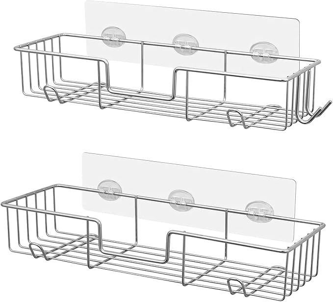Shower Shelf with Hooks,No Drilling Adhesive Shower Shelf for Bathroom Storage,Rustproof Shower Organizer