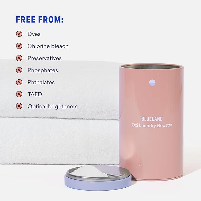BLUELAND Oxi Laundry Booster Powder with Tin, Starter Set, Fragrance Free & Clear, 25 Loads, 17.6 oz, Plastic-Free, Eco Friendly, Oxy Cleaner, Stain Remover
