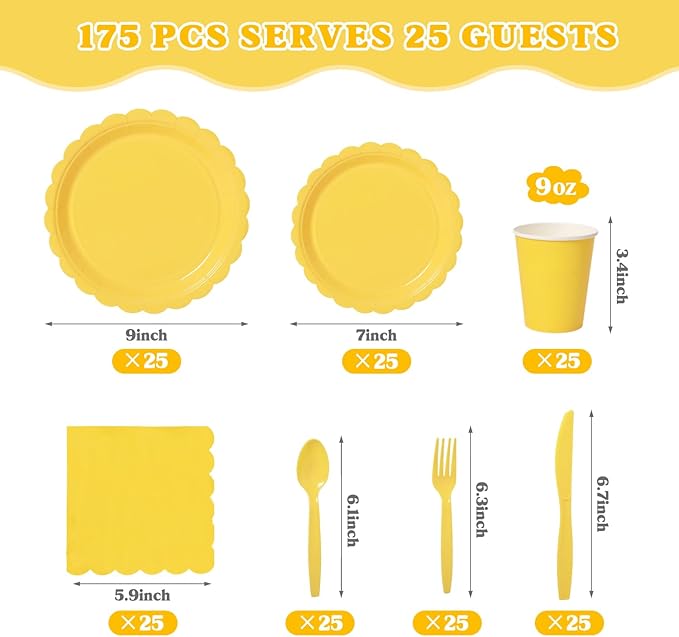 Vyntra 175 Pcs Yellow Disposable Paper Plates and Napkins Set for 25, 9" Dinner Plates & 7" Dessert Plates, Tableware for Birthday, Baby Shower, Picnic, Party