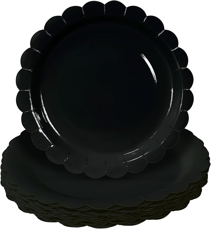 HEIPINIUYE 25 Pieces Black Paper Plates 9 Inch Black Scalloped Plates Disposable Dinner Plate for Wedding Baby Shower Birthday Halloween Party Dessert Plate