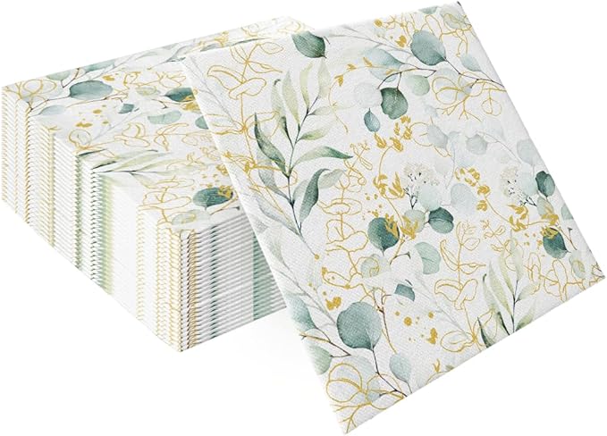 PAW - 50 Pieces Airlaid Paper Linen-Feel Napkins 16" x 16", Disposable Cloth-Like Napkins with Eucalyptus Design, Dinner Napkins for Kitchen, Party, Wedding, Barbecue, Picnic