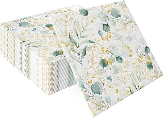 PAW - 50 Pieces Airlaid Paper Linen-Feel Napkins 16" x 16", Disposable Cloth-Like Napkins with Eucalyptus Design, Dinner Napkins for Kitchen, Party, Wedding, Barbecue, Picnic