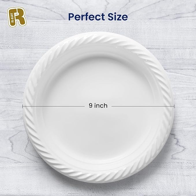 R-kay 100 Pack 9 Inch Plastic Plates Disposable - Heavy Duty 9 Inch White Disposable Plates - Microwavable Disposable Plastic Plates