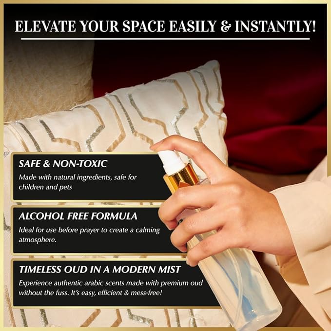 Oud al Madhmoon Arabic Room Spray by Dukhni | 250ml Oud fragrance Air Freshener, Attar al Faraash for home & prayer mats | Bed linen, Sofa Mist, natural home scent, curtain spray, odour eliminator