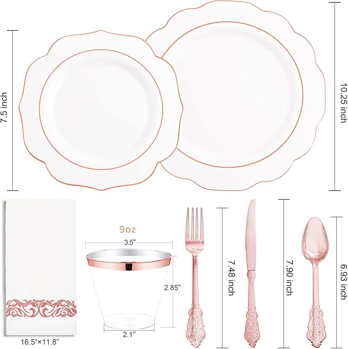NOCCUR 175PCS Rose Gold Plastic Plates with Disposable Silverware - Include 25Dinner Plates, 25Dessert Plates, 25Forks, 25Knives, 25Spoons, 25Cups, 25Napkins for Party/Mother's Day