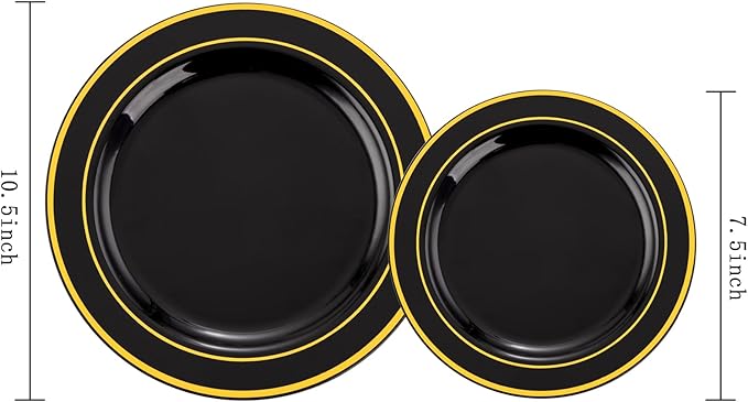 FLOWERCAT 100PCS Black and Gold Plates - Heavy Duty Black Plates Disposable for Halloween Party/New Year/Birthday- Include 50PCS 10.25inch Dinner Plates - 50PCS 7.5inch Dessert Plates