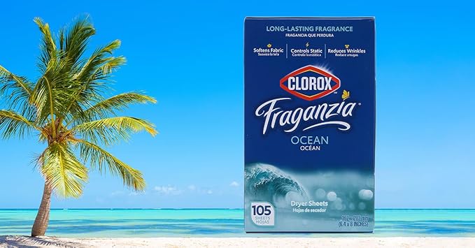 Clorox Fraganzia Fabric Softener Dryer Sheets, Wrinkle Reducing and Anti Static Laundry Dryer Sheets for Great Smelling Clothes, Softens Fabrics, Fresh Ocean Scent, 105 Count - 6 Pack