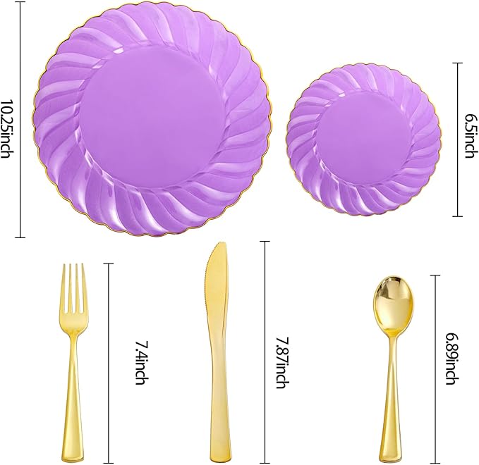 YOUBET 125PCS Purple Plastic Dinnerware Set - Gold and Clear Purple Disposable Plates Include 50 Plastic Plates 75 Silverwares for Wedding Birthday Parties & Party
