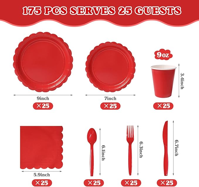 Vyntra 175 Pcs Red Disposable Paper Plates and Napkins Set for 25, 9" Dinner Plates & 7" Dessert Plates, Tableware for Christmas, Valentine’s Day, Birthday, Party