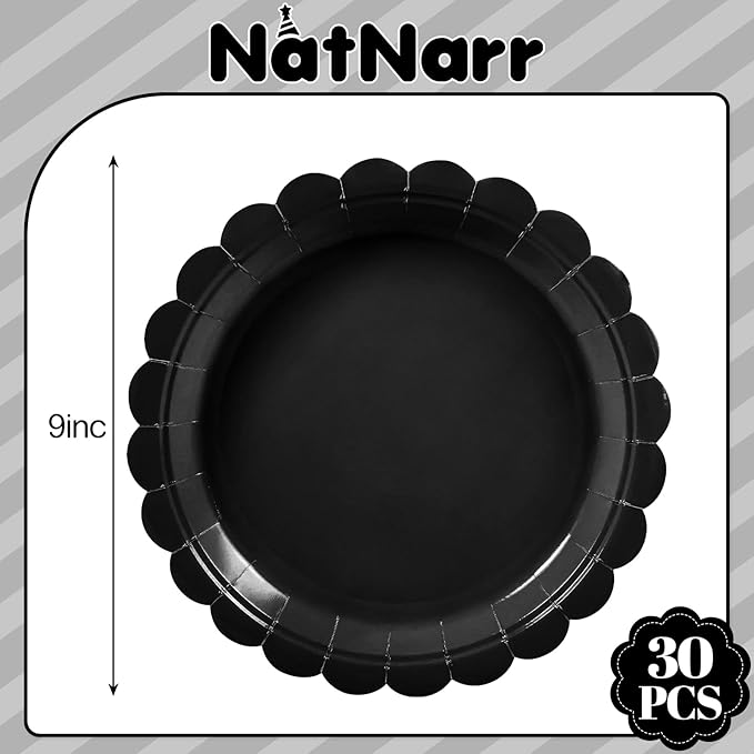 NatNarr 30 Pcs Black Paper Plates, 9 Inch Scalloped Disposable Black Graduation Plates Cute Dessert Dinner Plate for 2026 Grad Party, Wedding, Birthday, Picnic