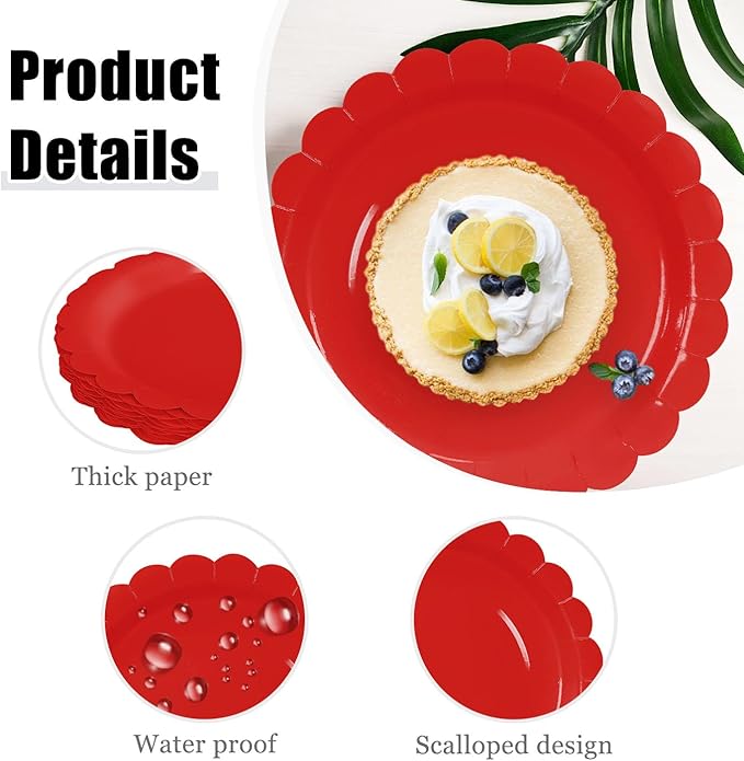 HEIPINIUYE 25 Pieces Red Paper Plates 7 Inch Red Scalloped Plates Disposable Dinner Plate for Wedding Baby Shower Birthday Party Dessert Plate