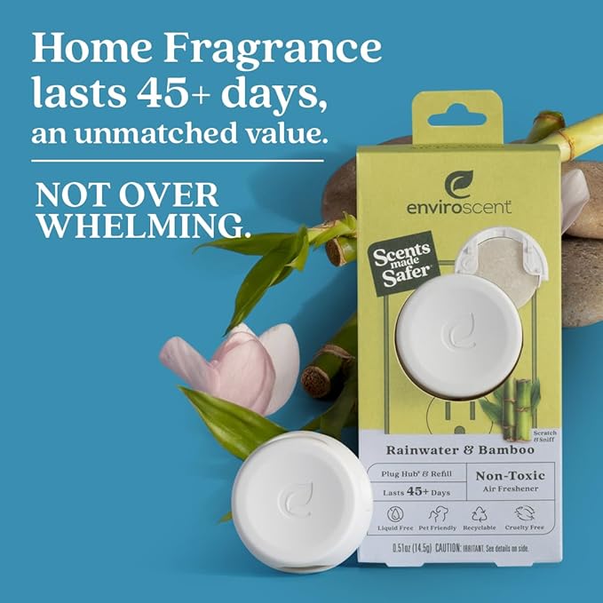 Enviroscent Non-Toxic Air Freshener Plug Hub® Warmer Refillable Kit - Refillable Plug-in Air Freshener for Home w/Paper Refill - Home Fragrance Lasts Up to 45 Days - Rainwater & Bamboo Scent