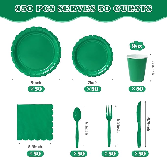 Vyntra 350 Pcs Green Paper Plates and Napkins Set for 50, 9" Dinner Plates & 7" Dessert Plates, Tableware for Birthday Party