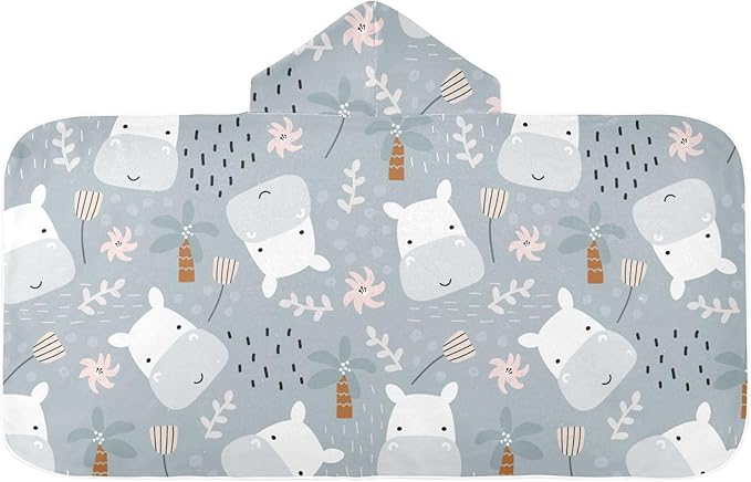 susiyo Kids Hooded Bath Towel Cute Hippo Tropical Plants Beach Towel for Kids 23.5 x 50 Inch Microfiber Soft Absorbent Quick Dry Bath Swim Pool Towel Wrap Poncho Bathrobe with Hood for Kids Toddler