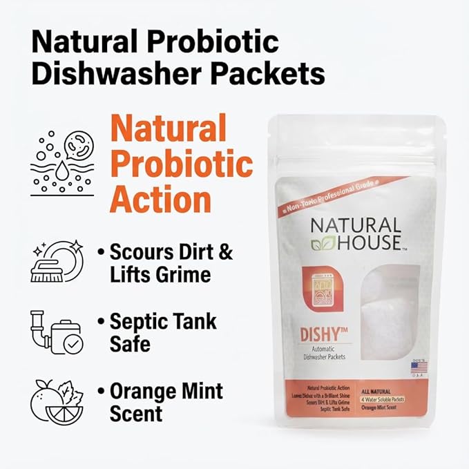 Natural House Dishy - Plant-Based Enzyme Dishwasher Detergent Pods - Septic-Safe, Plumbing-Friendly - Hard Water Compatible - Orange Mint Scent - 20 Count